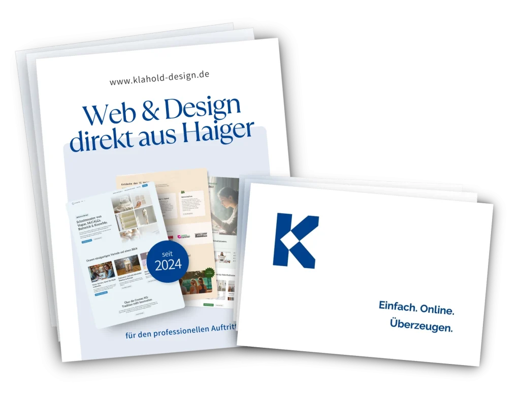 Ein Broschürenumschlag für Web & Design direkt aus Haiger mit Website-Beispielen, 2024, und einer Visitenkarte mit blauem K-Logo und dem Slogan Einfach. Online. Überzeugen. Perfekt für Print-Design und Banner Design inspiriert umgesetzt.