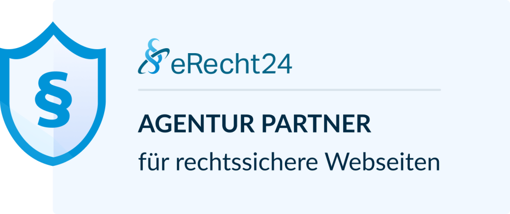 Ein blaues Schild mit einem Paragraphen-Symbol neben dem eRecht24-Logo und Text: AGENTUR PARTNER für rechtssichere Webseiten auf hellem Hintergrund.