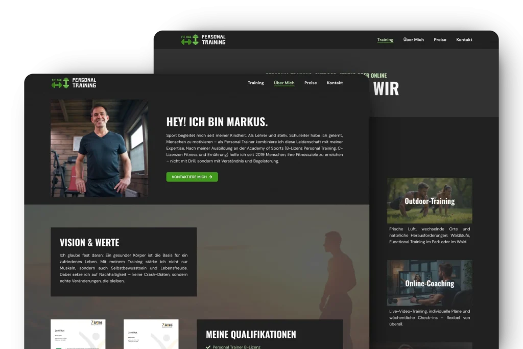 Screenshot einer Website für Personal Training in deutscher Sprache mit einem Foto eines Mannes, der an einem Fenster steht, Dienstleistungsangeboten, Qualifikationen und Navigationslinks wie Training, Über mich, Preise und Kontakt.