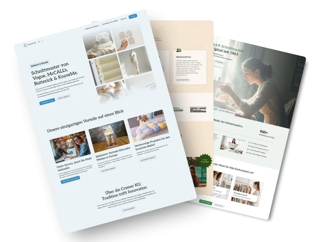 Drei sich überschneidende Webseiten in deutscher Sprache stellen Nähmuster und Serviceleistungen vor und zeigen Menschen, die nähen. Mit einem klaren, modernen Look, hellblauen und beigen Akzenten und responsive Webdesign von einer Top-Webdesign Agentur.
